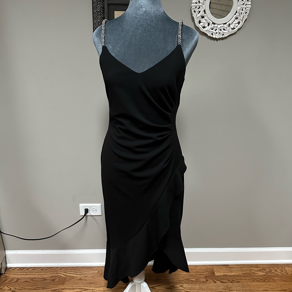 XSCAPE 8 petite Rhinestone Strap Midi Dress Black Midi Dress Cocktail Party Prom